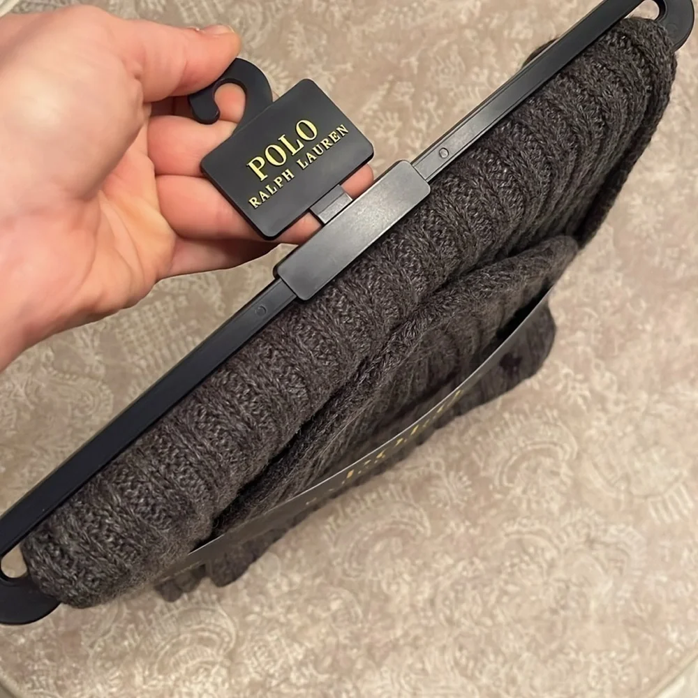 Brand New Polo Ralph Lauren 2-Piece Knit Beanie Hat & Scarf Set Gray Wool Pony